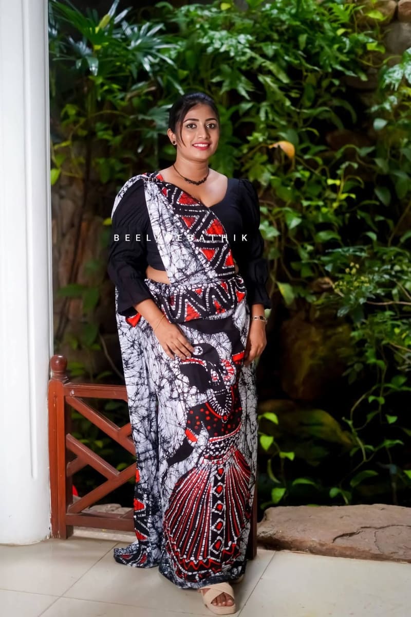 Batik Saree 1 handmade batik saree in Red, Black and White, Sri Lanka