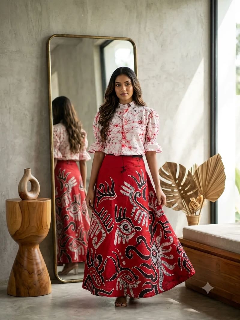 Skirt and blouse handmade batik frocks in White ,red,black, Sri Lanka